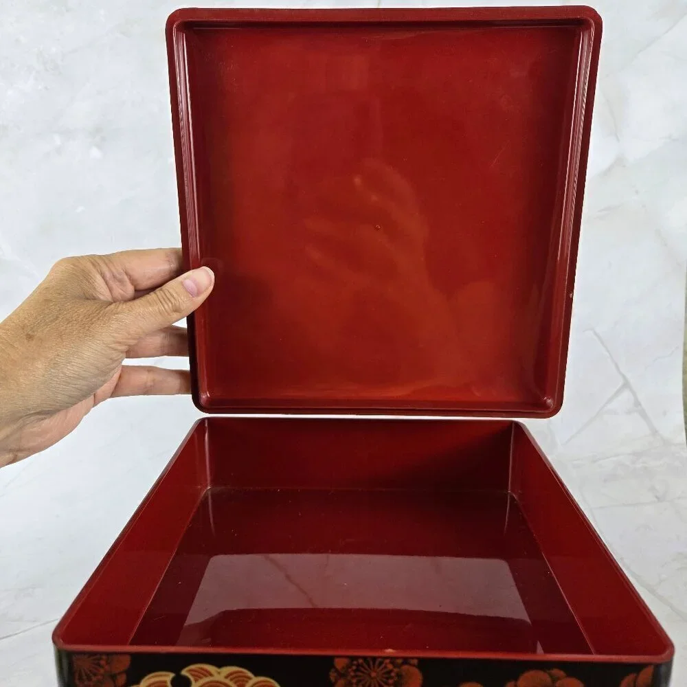 Vintage MMA Japanese Tiered Stacking Box Lacquered Red Black Gold Floral 1992
